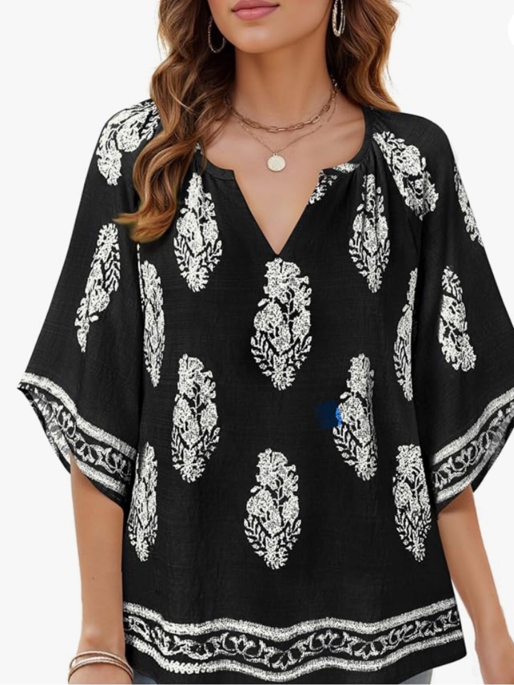 Bebonne 3/4 Sleeve V Neck Boho Top XL